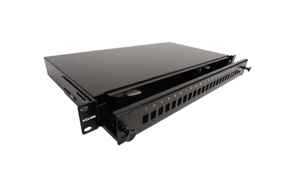 Keline optick&yacute; patch panel pre 24 x SC-SC, LC-LC Duplex alebo LSH-LSH adapt&eacute;rov, v&yacute;suvn&yacute; s odn&iacute;mateľn&yacute;m čelom
