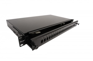 Keline optický patch panel pre 24 x SC-SC, LC-LC Duplex alebo LSH-LSH adaptérov, výsuvný s odnímateľným čelom