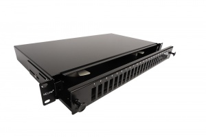 Keline optický patch panel pre 24 x SC-SC Duplex alebo LC-LC Quad adaptérov, výsuvný s odnímateľným čelom